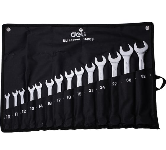 Изображение товара Набор комбинированных гаечных ключей DELI 10-32мм/14шт DL130014B (Сталь 40Cr, чехол из ткани oxford) 98322