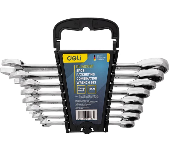 Изображение товара Набор комбинированных гаечных ключей DELI с трещоткой 8-19 мм/8 шт DL140108T (Сталь 40Cr, материал трещотки 50bv30, 72 зуба, пластиковый держатель) 98318