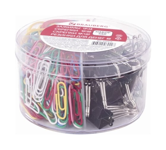 Изображение товара Набор BRAUBERG зажимы 19 мм, 15 шт, скрепки 28 мм, 145 шт, 50 мм, 50 шт, резинки 40 шт 223515