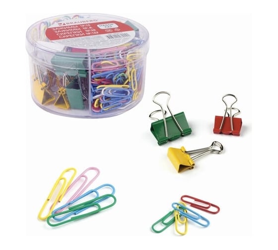 Изображение товара Набор BRAUBERG зажимы 19 мм, 15 шт, 25 мм, 8 шт, скрепки 28 мм, 152 шт, 50 мм, 50 шт 223517