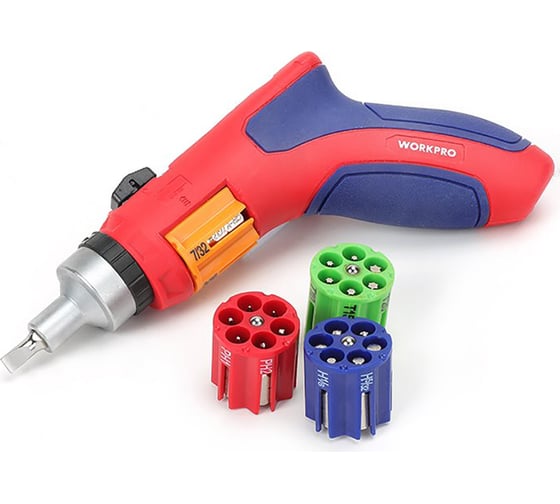 Изображение товара Реверсивная пистолетная отвертка WORKPRO с храповым механизмом и автоматической сменой бит 24 насадки WP221048