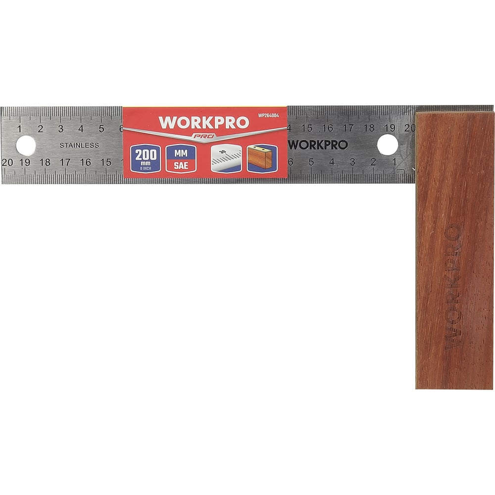 Изображение товара Измерительный угольник WORKPRO 200мм с двусторонней шкалой и деревянной ручкой Изображение товара Измерительный угольник WORKPRO 200мм с двусторонней шкалой и деревянной ручкой