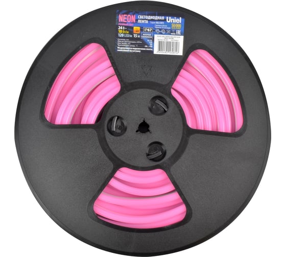 Изображение товара Светодиодная лента Uniel NEON ULS-N11-2835-120LED/m-8mm-IP67-DC24V-10W/m-15M-PINK UL-00009104