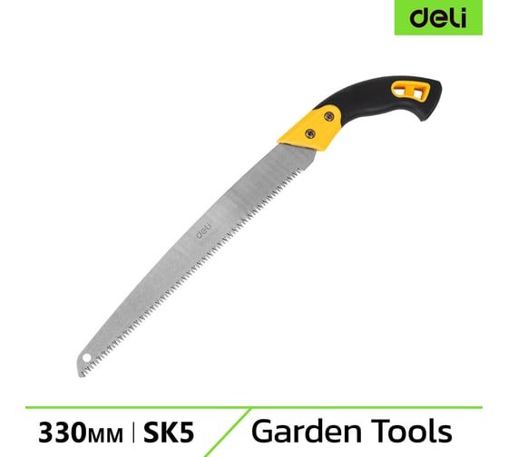 Изображение товара Садовая пила DELI 330мм DL580933  сталь 65MN, шаг зубьев 7 TPI, обрезиненая ручка, шлифовка зубов с 3-х сторон, двухрядное распределение кромок 98484