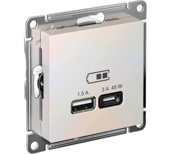 Изображение товара Розетка USB Systeme Electric ATLASDESIGN A + тип-C 45W высокоскор.заряд. QC,PD, механизм, ЖЕМЧУГ ATN000429