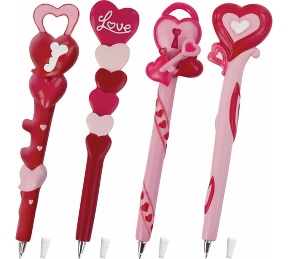 Изображение товара Фигурная ручка BRAUBERG СЕРДЕЧКИ, синяя, 4 дизайна письма 0.5 мм, дисплей 142758