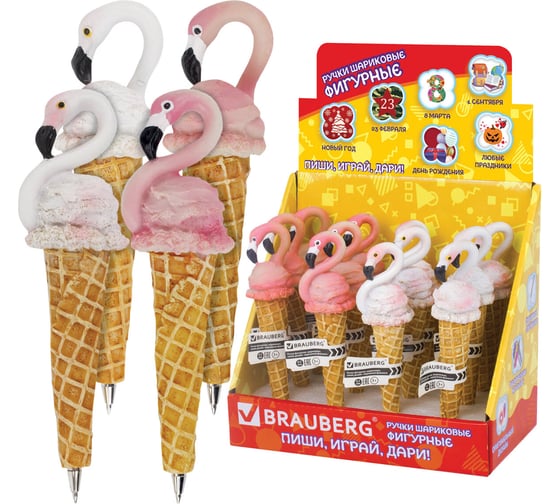 Изображение товара Фигурная ручка BRAUBERG МОРОЖЕНОЕ-ФЛАМИНГО, синяя, 4 дизайна 0.5 мм, дисплей 142764