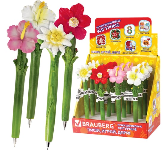 Изображение товара Фигурная ручка BRAUBERG ЦВЕТОЧКИ, синяя, 4 дизайна письма 0.5 мм, дисплей 142775