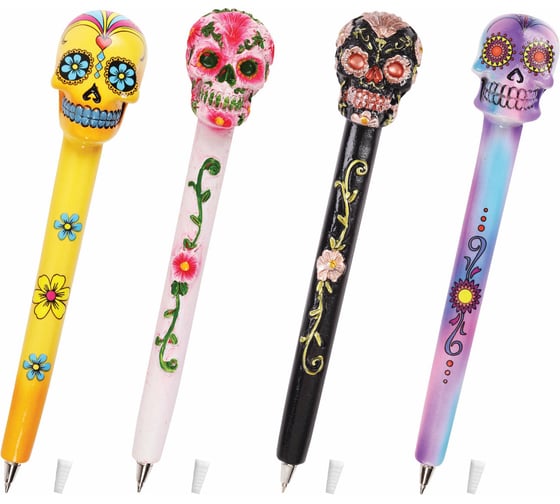 Изображение товара Фигурная ручка BRAUBERG Черепа, синяя, 4 дизайна письма 0.5 мм, дисплей 142752