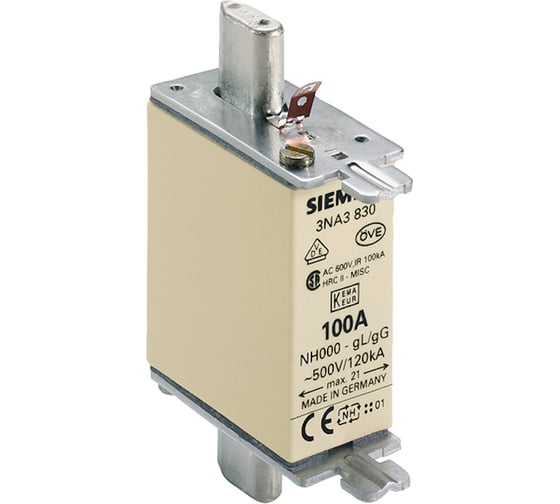 Изображение товара Низковольтная плавкая вставка Siemens GLGG Типоразмер 00, Iном.100A, Uном.500В 3NA3830