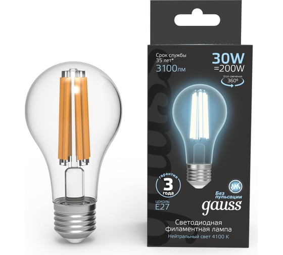 Изображение товара Светодиодная лампа Gauss Filament А70 30W 3100lm 4100К Е27 102902230