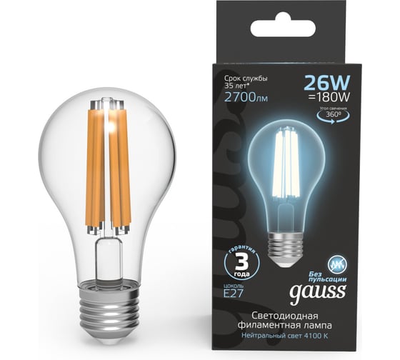 Изображение товара Лампа Gauss Filament А70 26W 2700lm 4100К Е27 LED 1/10/40 102902226