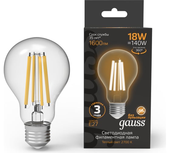 Изображение товара Лампа Gauss Filament А60 18W 1600lm 2700К Е27 LED 1/10/40 102902118