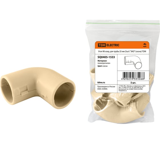 Изображение товара Соединительный угол 90 TDM ELECTRIC для трубы 25 мм, 5 шт., ЭКО сосна SQ0405-1533