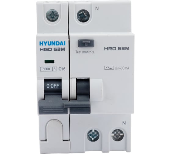 Изображение товара Дифференциальный автомат Hyundai HRO63M 1NG4C0000C 00016G 1п + нейтр., 16A ток, к.з. 13.06.000120