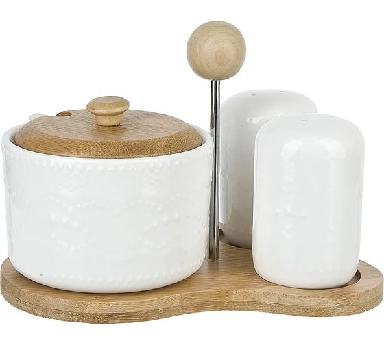 Изображение товара Набор для специй Nouvelle Naturel солонка, перечница, сахарница с ложкой, на бамбуковой подставке, 250 мл 2630207