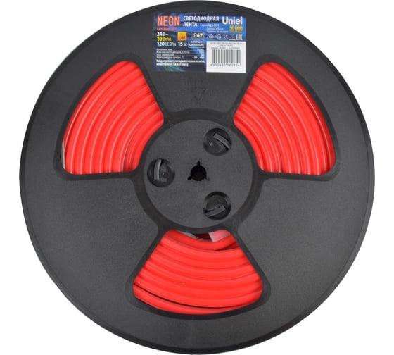 Изображение товара Светодиодная гибкая герметичная лента Uniel ULS-N11-2835-120LED/m-8mm-IP67-DC24V-10W/m-15M-RED UL-00009101