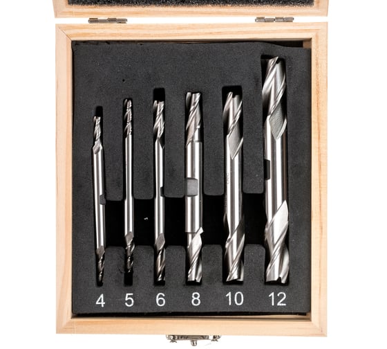 Изображение товара Набор фрез концевых 2-х сторонних по металлу из 6 шт, 4,5,6,8,10,12 мм, Z=3, Р18 CNIC 53665