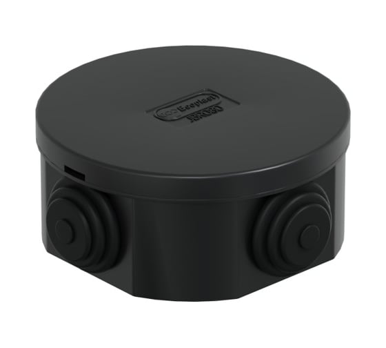 Изображение товара Распределительная коробка Экопласт JBR080 о/п с крышкой D=80x40, 4 вых,IP44 цвет чёрный, подходит для монтаж. пистолета 44005BL-1