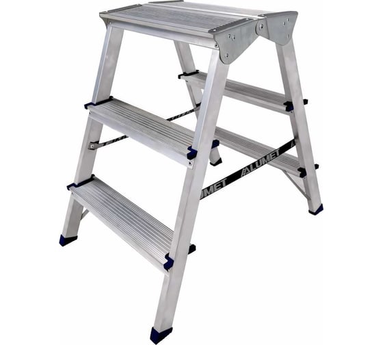 Изображение товара Двухсторонняя алюминиевая стремянка Алюмет c широкой верхней ступенью 260 мм, 2х3 ступеней. Серия ADK6203