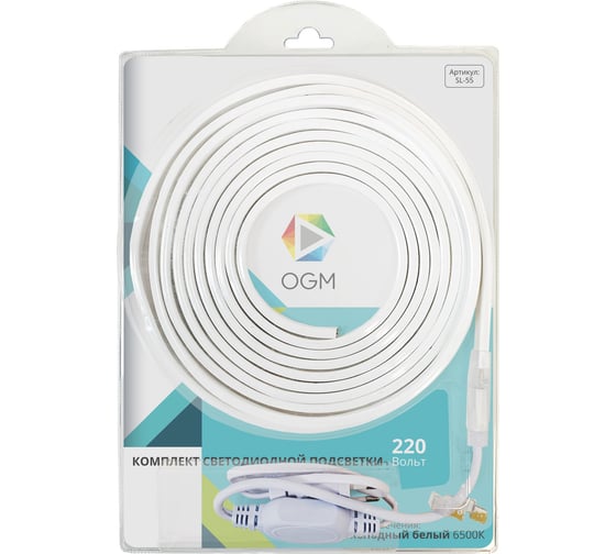 Изображение товара Комплект светодиодной ленты OGM 220В, 6Вт/м, smd2835, 60д/м, IP44, 600Лм/м SL-55