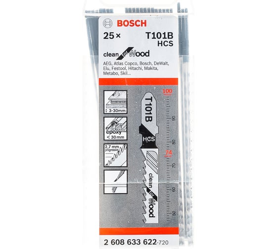 Изображение товара Пилки Т101В для лобзика по дереву 25 шт. (74 мм; HCS) BOSCH 2.608.633.622