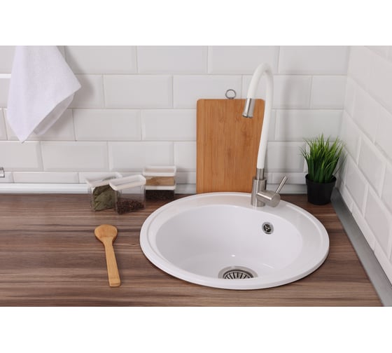 Изображение товара Мойка Alcora Кухонная мойка из искусственного камня Черая. Круглая, цвет белый снег, глянцевая, с отверстием для смесителя. Сифон с переливом в комплекте S-3/L02