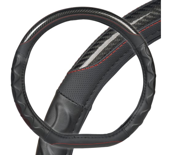 Изображение товара Оплетка на руль AIRLINE экокожа, D-образная форма, рельеф, текстура карбон, черная, 38 см/M ADWO005