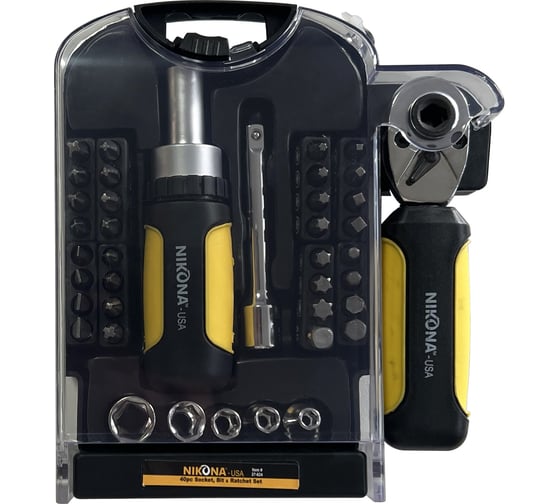 Изображение товара Набор торцевых головок с трещоткой NIKONA  1/4", 5-12 мм, S2 сталь, в прозрачном пластиковом ящике, 23 предмета 27-624