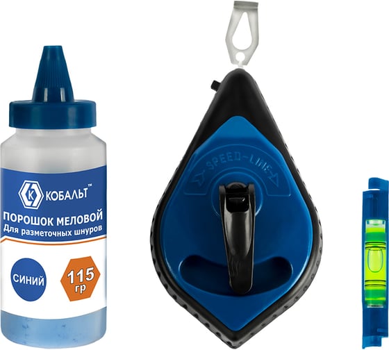 Изображение товара Набор из шнура и краски КОБАЛЬТ длина шнура 30 м, в пластиковом корпусе, синий меловой порошок, 115 гр, уровень 907-224