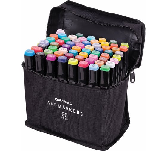 Изображение товара Двусторонние маркеры для скетчинга BRAUBERG набор 60 шт, текстильный чехол 152232