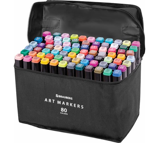 Изображение товара Двусторонние маркеры для скетчинга BRAUBERG набор 80 шт, текстильный чехол 152233