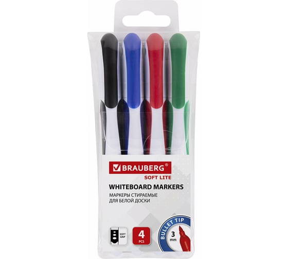 Изображение товара Стираемые маркеры для белой доски BRAUBERG SOFT LITE набор 4 цвета, 3 мм, резиновая вставка 152107