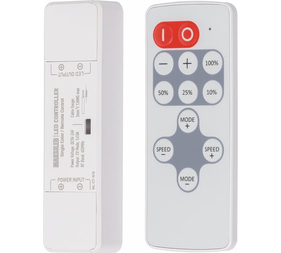 Изображение товара Одноцветный контроллер MAKSILED 5-24В, 46/110/220Вт, 1 канал х 10А, IP20, пульт, 87x24x15мм ML-CT-N10