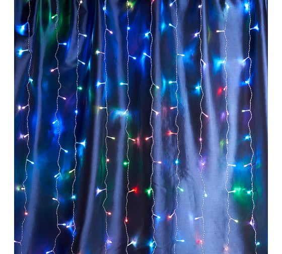 Изображение товара Светодиодная гирлянда занавес FERON CL18, 1,5x1,5м + 3м, 230V, мультиколор, плавная смена цветов, c питанием от сети, прозрачный шнур 48172
