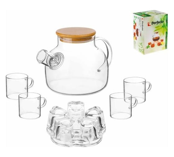 Изображение товара Стеклянный заварочный чайник PERFECTO LINEA Bamboo с кружками 1 л 6 предметов 38-100001
