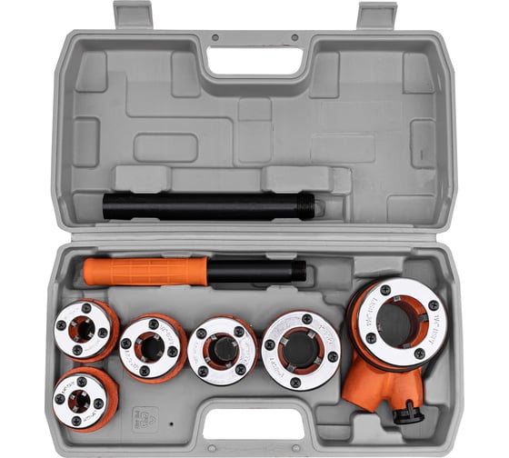 Изображение товара Набор клуппов SPARTA 1/4"-3/8"-1/2"-3/4"-1"-1,25" + плашкодержатель с трещоткой, 9 предметов 773355