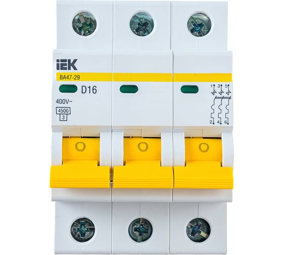 Изображение товара Автоматический 3-полюсный выключатель, 16А, D ВА47-29 4.5кА IEK MVA20-3-016-D