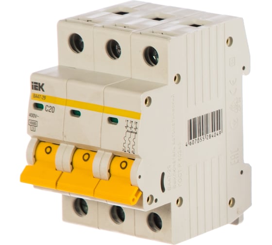 Изображение товара Автоматический 3-полюсный выключатель, 20А, С ВА47-29 4.5кА IEK MVA20-3-020-C