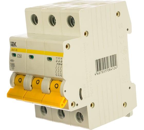 Изображение товара Автоматический 3-полюсный выключатель, 50А, С ВА47-29 4.5кА IEK MVA20-3-050-C
