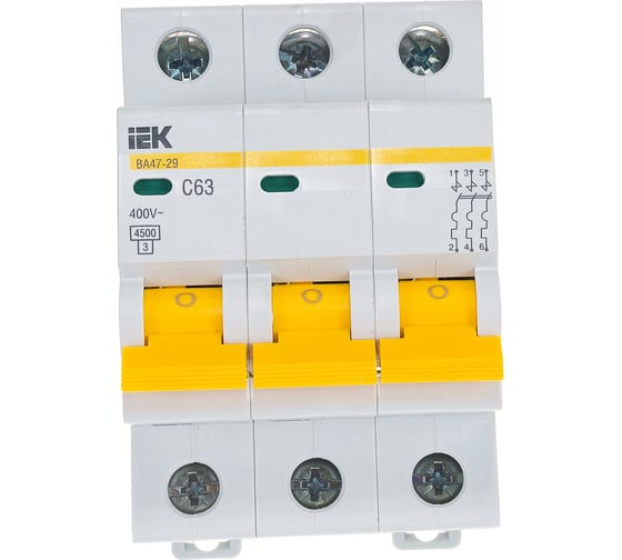 Изображение товара Автоматический 3-полюсный выключатель IEK 3п C 63А ВА 47-29 4.5кА MVA20-3-063-C
