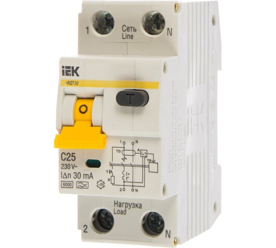 Изображение товара Автоматический выключатель дифференциального тока IEK 1п+N 2модуля C 25A 30mA тип A 6kA АВДТ-32 ИЭК MAD22-5-025-C-30