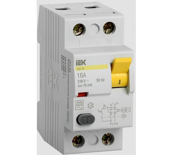 Изображение товара Выключатель дифференциального тока IEK 2п 16A 10mA тип AC ВД1-63 ИЭК MDV10-2-016-010