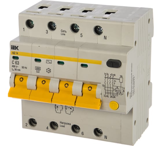 Изображение товара Дифференциальный автоматический 4-полюсный выключатель, 63А, 30мА, С АД-14 IEK MAD10-4-063-C-030