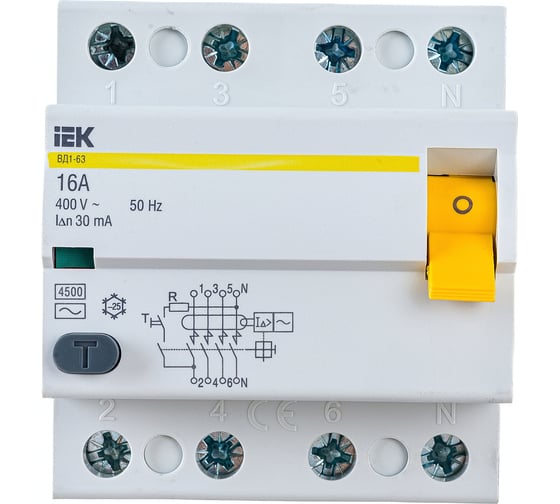 Изображение товара Выключатель дифференциального тока IEK 4п 16A 30mA тип AC ВД1-63 ИЭК MDV10-4-016-030
