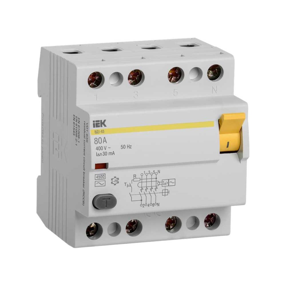 Изображение товара Выключатель дифференциального тока IEK ВД1-63 4п 80A 30мА тип AC