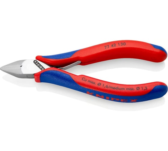 Изображение товара Бокорезы для электроники KNIPEX острая головка, без фаски, 130 мм, 2-комп ручки KN-7742130 Бокорезы для электроники, острая головка, без фаски, 130 мм, 2-комп ручки