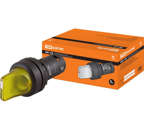 Изображение товара Переключатель 2 положения SB7-CK2561 TDM ELECTRIC с фиксацией 1НО d22 мм 220 В LED желтый IP40 SQ0746-0057