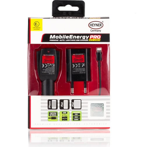 Изображение товара Зарядное устройство Heyner 3 в 1 с USB, для iPhone5/iPad4/iPod, вход 12/24 В, выход 230 В, 50-60 Hz 511720