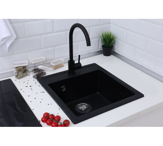 Изображение товара Кухонная мойка Alcora из искусственного камня Гала. Прямоугольная, цвет антрацит, матовая, с отверстием для смесителя. Сифон с переливом в комплекте S-10/01